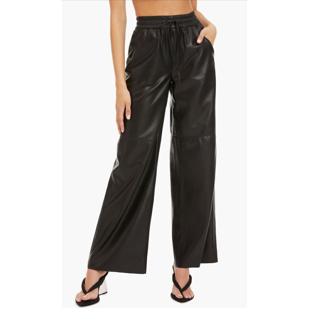 Good American Black Faux Leather Wide Leg Pants Elastic Waist Size 5= 2XL EUC